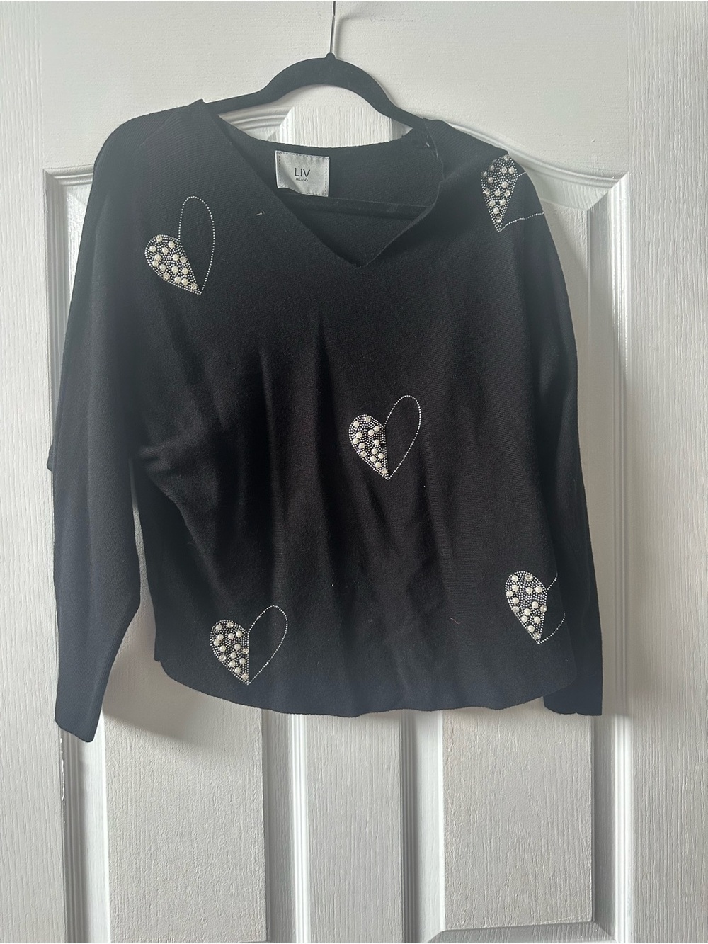 LIV Black Heart Embellished V‑Neck Sweater
